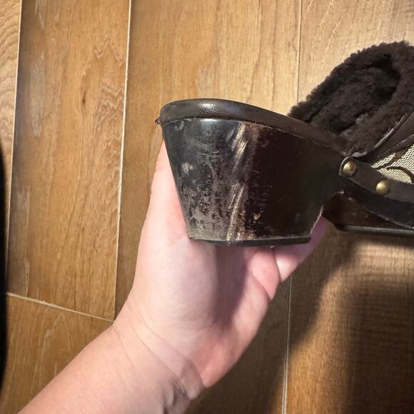 Coach Signature Clog Mules Vintage Shearling Trim Wooden Heel Slides 6.5 - Picture 6 of 7